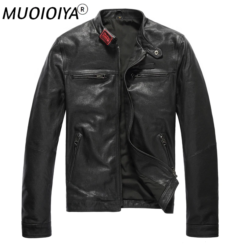 

Men's Genuine Leather jacket Vegetable tanned goatskin Black Real Slim Winter Russian Leather Motorcycle Coat FREE SHIPPING