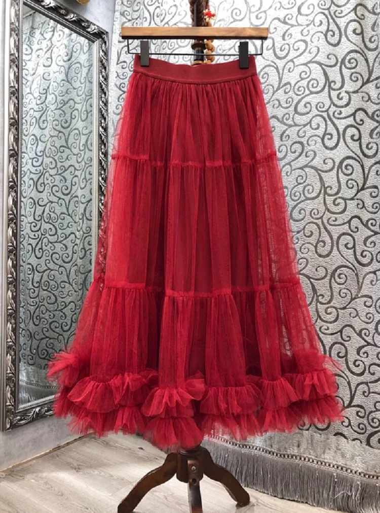 

High Quality New Long Skirt 2021 Spring Summer Clothes Woman Cascading Ruffle Sexy Casual Long Maxi Gown Skirt Apricot Red Black