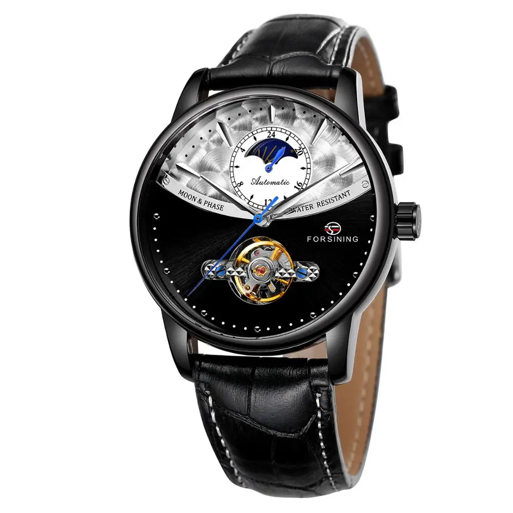 Forsining Tourbillon синие автоматические часы мужские классические Moonphase Дизайн Натуральная кожа Ремешок Водонепроницаемый Бизнес наручные часы подарок - Цвет: BLACK
