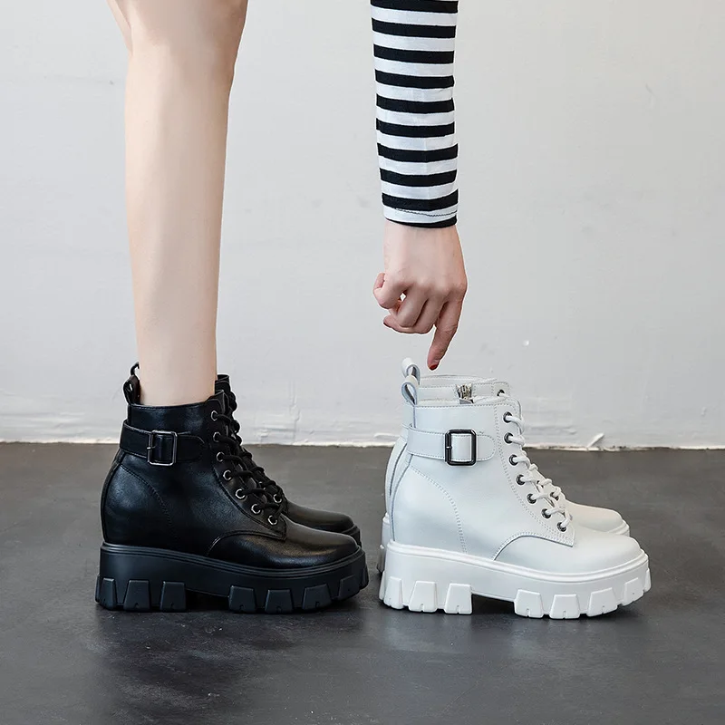 

Swyivy Genuien Leather Wedges Shoes Women Plaform Sneakes White 2020 Autumn Chunky High Heel Ankle Boots for Women Casual Shoes