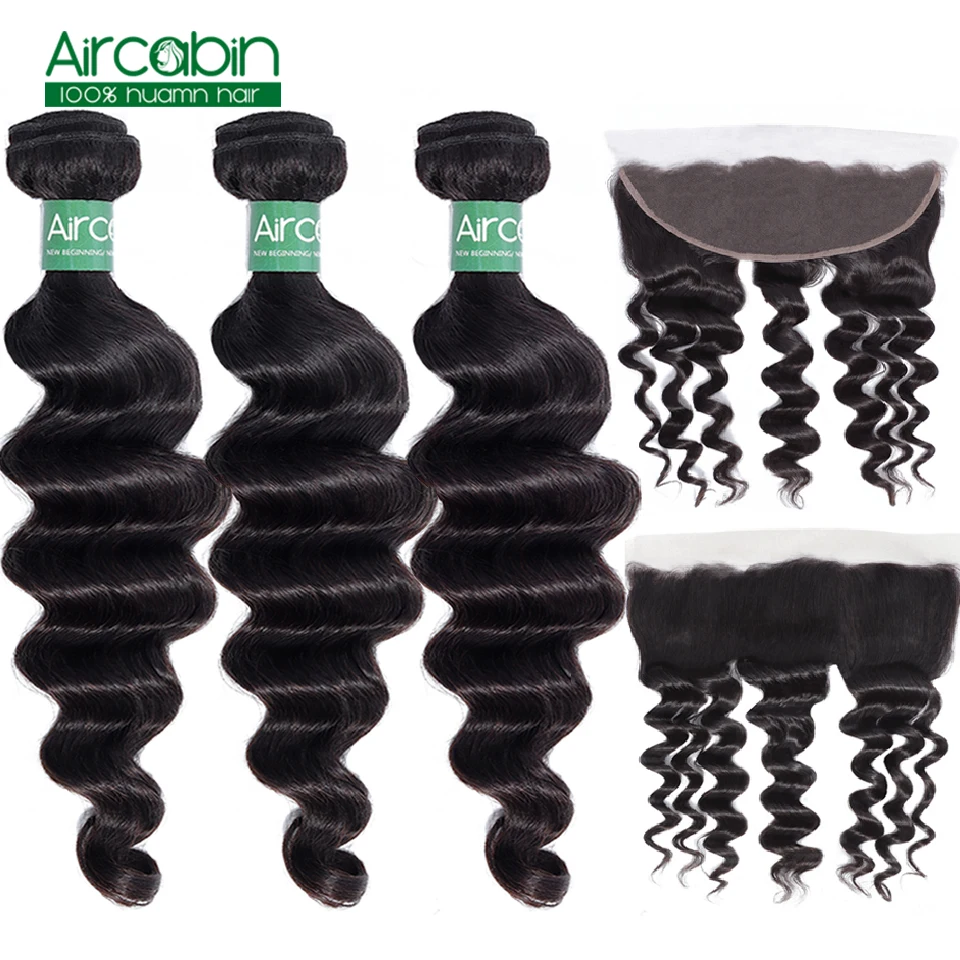 

Aircabin 3 / 4 Brazilian Loose Deep Wave Bundles With Frontal 100% Remy Human Hair Weave Bundles With Lace Closure Can Be Dyed