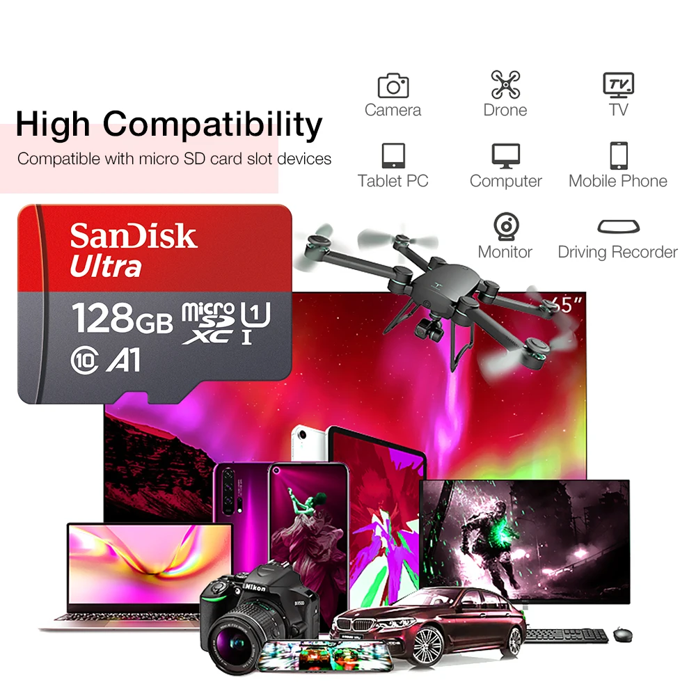 100% Оригинальный двойной флеш накопитель SanDisk Micro SD карты 256 ГБ 128 оперативной