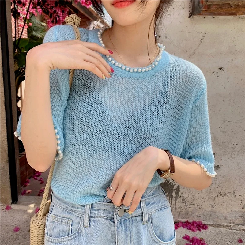 

Women Summer Pearl Soft Blue Knitted Pullover Fashion Lady Loose Short Sleeve Knit T Shirt Thin Hollow Out Tops Streetwear