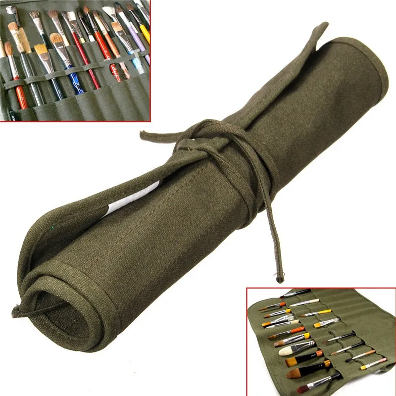 

Modern Roll Up Canvas Paint Brush Bag Cases For Artist Draw Pen Watercolor Oil Brush Army Green School Arts Supplies 41 x 33cm