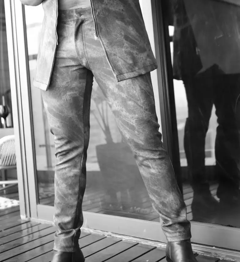 Мужские сексуальные брюки из искусственной кожи обтягивающие бархатные теплые