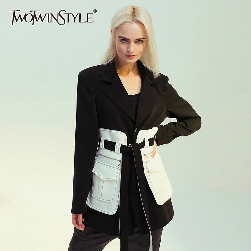 Женские лоскутные куртки TWOTWINSTYLE цветные с отложным воротником и длинными