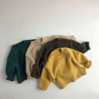 

New Winter Unisex Kids Knitted Pullovers Sweaters Korean Style Solid Color Tops Children Thicken Sweater