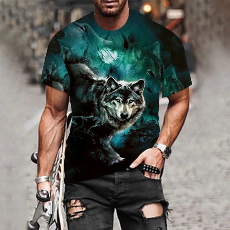 

Couple wolf print T-shirt men's 3d sling top T short sleeve T-shirt round neck fashion casual brand