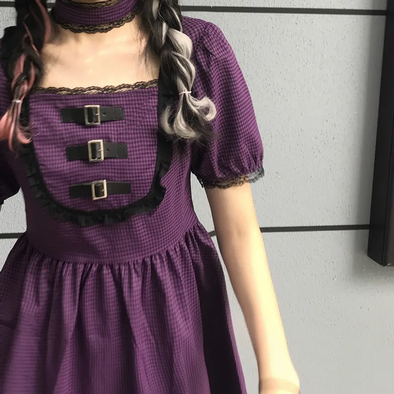 

Japanese Harajuku Gothic Lolita Dress Summer Girls Sexy Party Purple Plaid Buttons Square Collar Lace Ruffles Women Mini Dresses