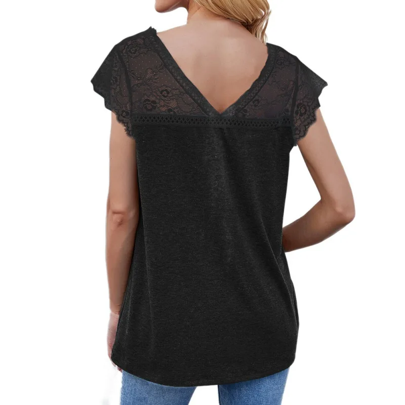 

Summer Lace Patchwork T-Shirt Casual Loose V Neck Tops Women Short Sleeve Tees Tops