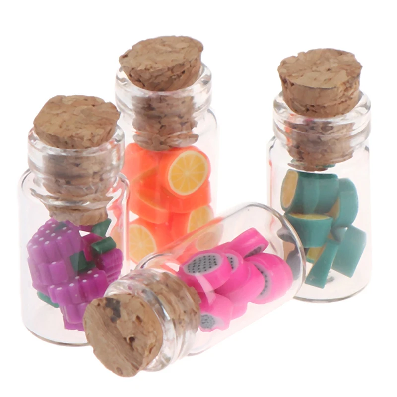 

4pcs Simulation Mini Wooden Stopper and Fruit Slice Glass Bottle 1/12 Dollhouse Minaiture Play Kitchen Food for Doll Toys