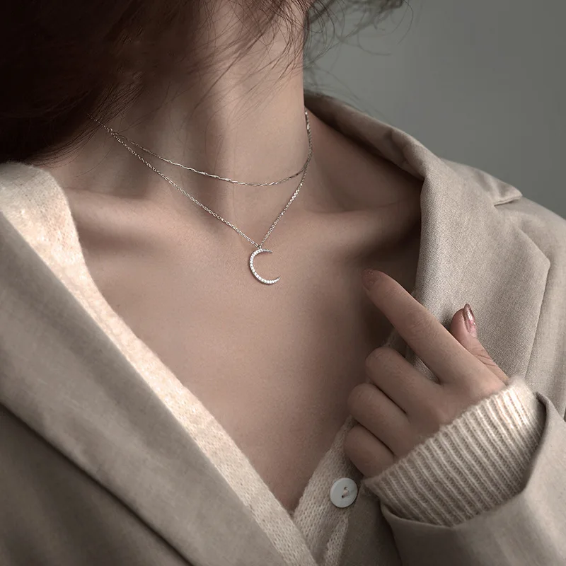

VENTFILLE 925 Sterling Silver Double Layer Crescent Moon For Women Simple Temperament Clavicle Chain Trendy Jewelry 2021 New