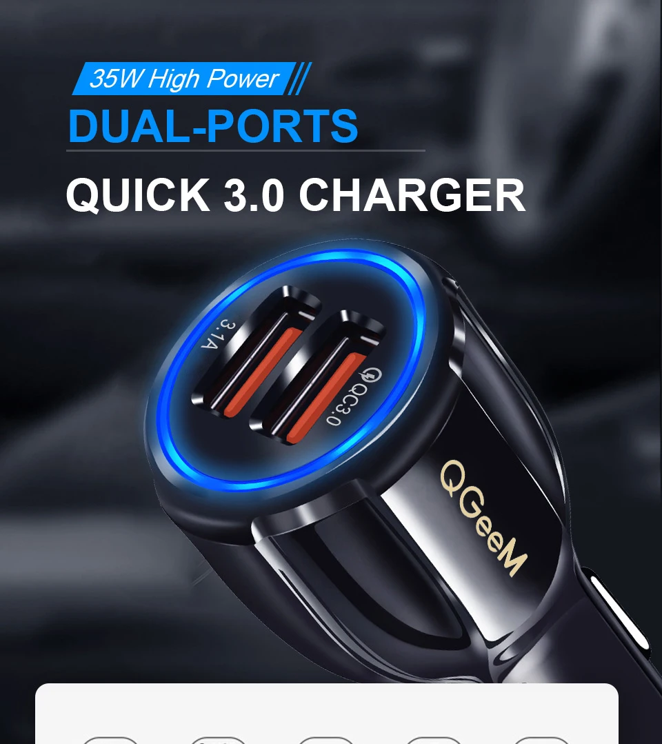 Автомобильное зарядное устройство QGEEM Dual USB QC 3,0, быстрая зарядка 3,0, автомобильное зарядное устройство, 2 порта, USB портативное зарядное устройство для iPhone Xiaomi
