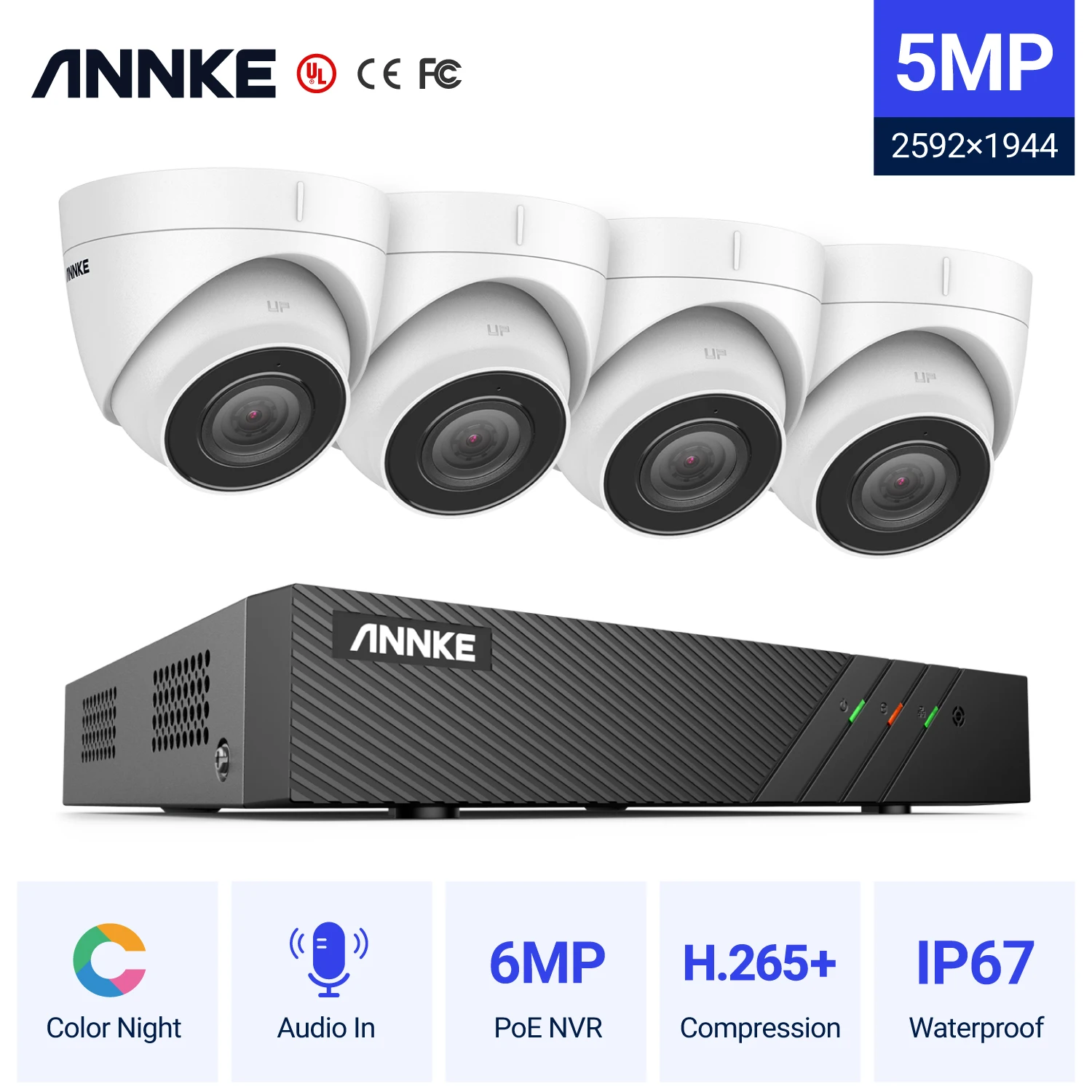 Система видеонаблюдения ANNKE 5 Мп H.265 + Super HD PoE 4 водонепроницаемых внешних
