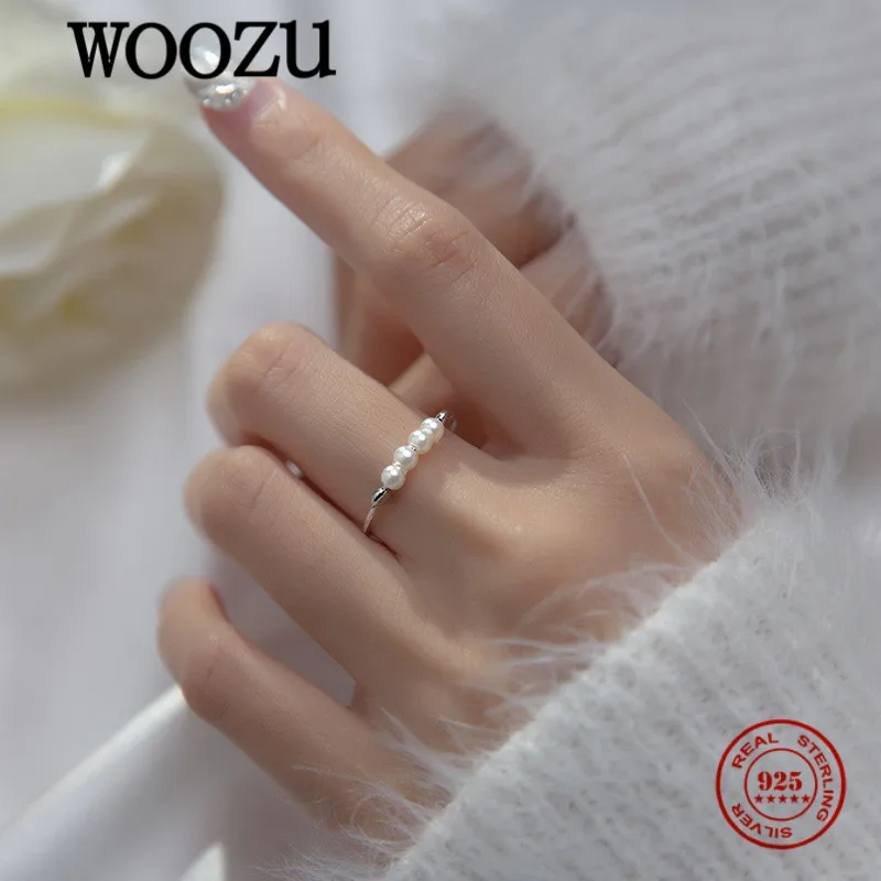 WOOZU Real 925 Sterling Silver Geometric Sweet Pearl Open Finger Rings For Women Charming Wedding Korean Fine Jewelry Gift 2021