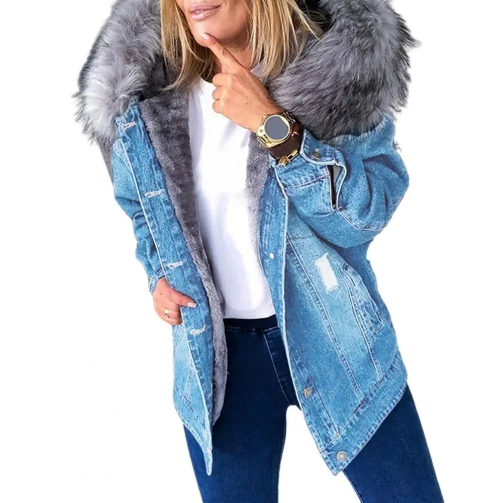 

Autumn Winter Jackets Women Long Sleeve Faux Fur Hood Plush Jacket Ripped Buttons Denim Coat 2021 Female Warm Hooded Jeans Coats
