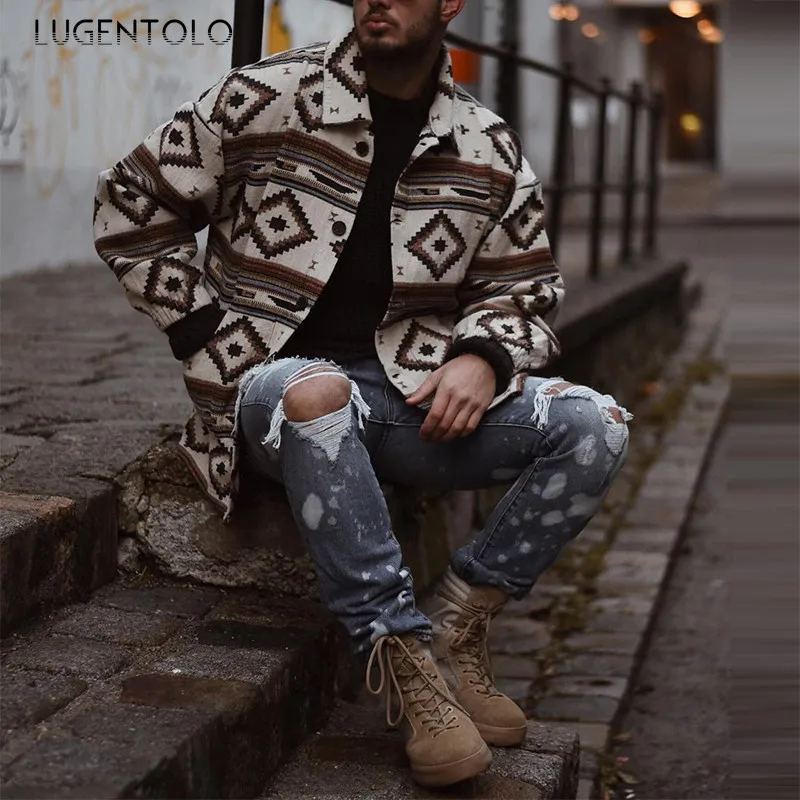 

Men's Jacket Spring Autumn Casual Slim Print Geometric Pattern Coat Lapel Button Pocket Men's Fashion Jackets Lugentolo