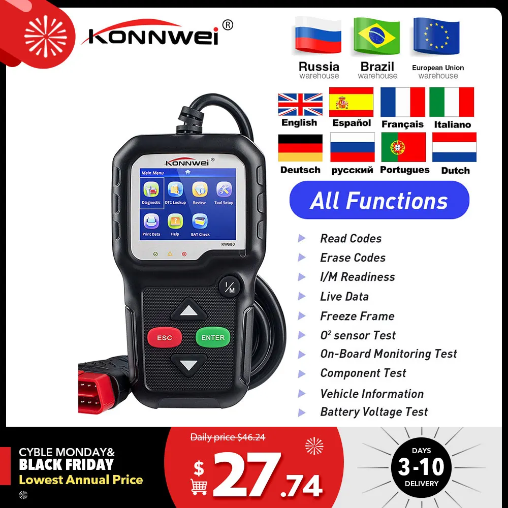 OBD2 ODB 2 KONNWEI KW680 Автомобильный сканер Многоязычный Полный OBDII функция obd 2 диагностический инструмент на русском PK AD410 ML519