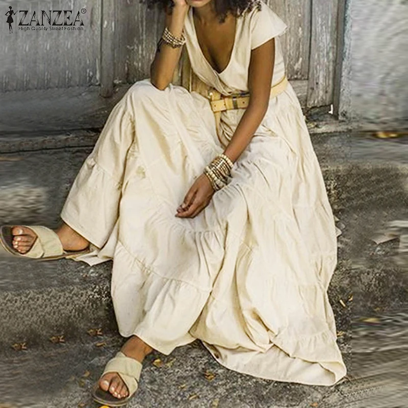 Платье ZANZEA женское с оборками элегантный длинный однотонный хлопково-льняной
