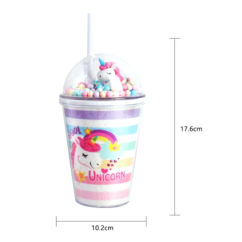 

380ml Double Layer Dream Unicorn Water Bottle Cup with Straw Cartoon Plastic Water Cup Cute Kids Girls Kawaii Bottles Flask