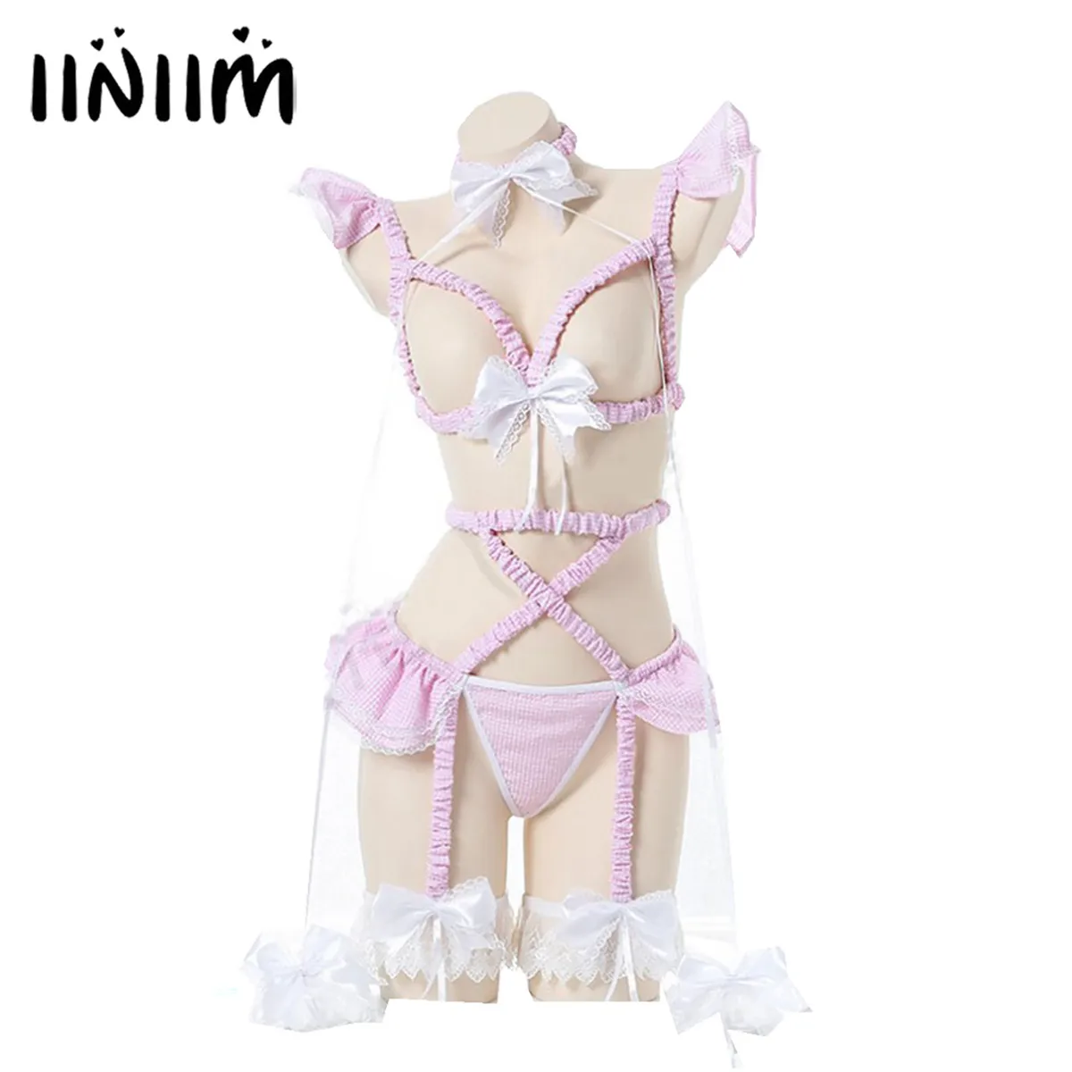 

Sexy Women Hollow Out Plaid Lingerie Set Maid Cosplay Costume Bowknot Neck Ring Cap Sleeve Bra Top with Skirted G-string Garters
