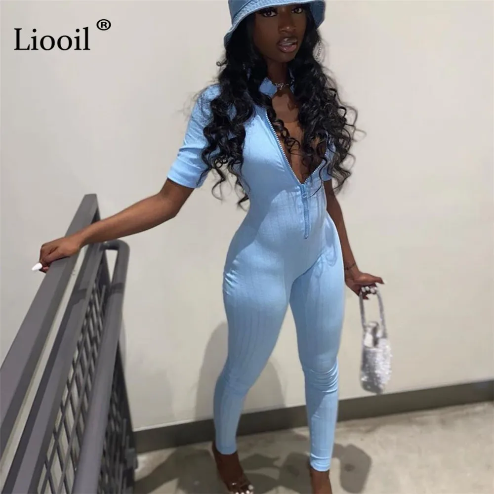 

Liooil Sexy Ribbed Tight Jumpsuits For Women Short Sleeve Turndown Collar Zip Up Party Club Rompers Bodycon Jumpsuits Overalls
