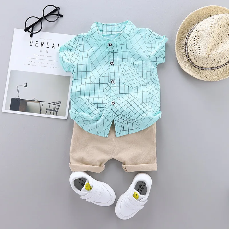 New baby clothes summer cotton short-sleeved shorts two-piece boy striped plaid print shirt casual suit |
