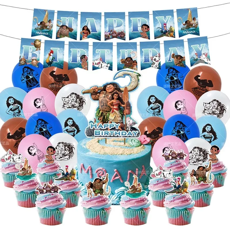 Disney Sea Princess Moana Theme Party Decorations Set Baby Girls Birthday Party Decor Balloons Supplies Cake Topper Room Banner