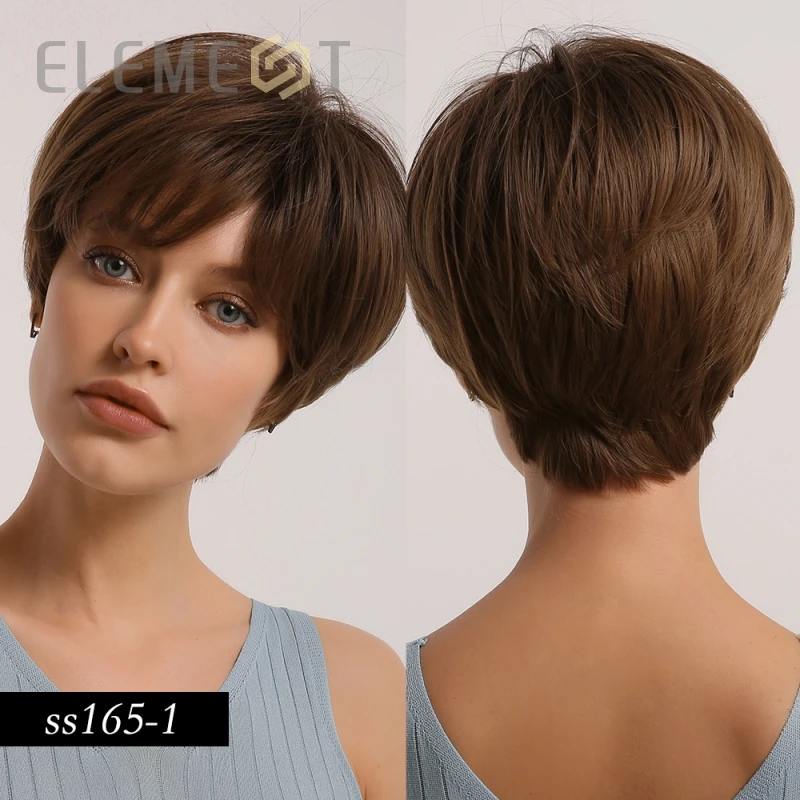 Element Synthetic Short Straight Black Root Ombre Blonde Pixie Cut Wigs with Side Bangs for White/Black Women Heat Resistant | Шиньоны и