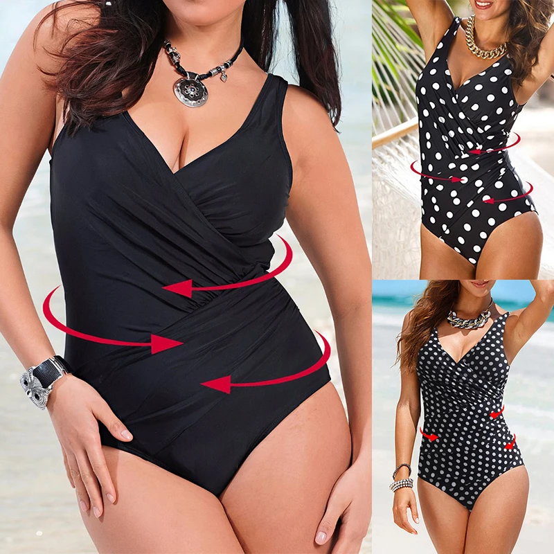 Купальник женский в горошек с эффектом пуш-ап 5XL размера плюс |