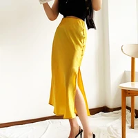 women summer 2021 solid color skirt office lady temperament long skirts solid color yellow buttoned slit satin elegant skirts