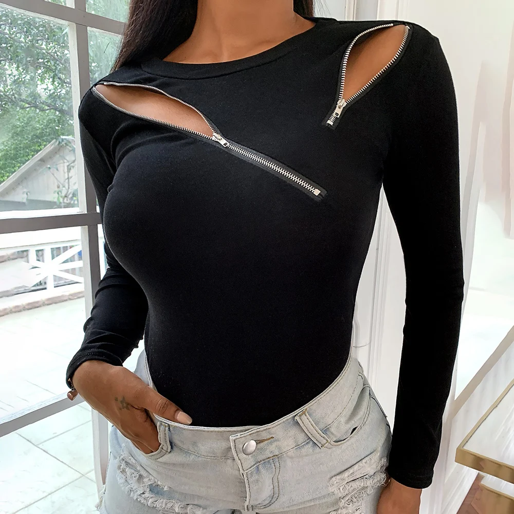 

Zipper Women T-Shirt Tops Long Sleeve Autumn All Black Lady Tee Shirt Tshirt Fashion Casual Office Work Wear Female T-Shirt D30