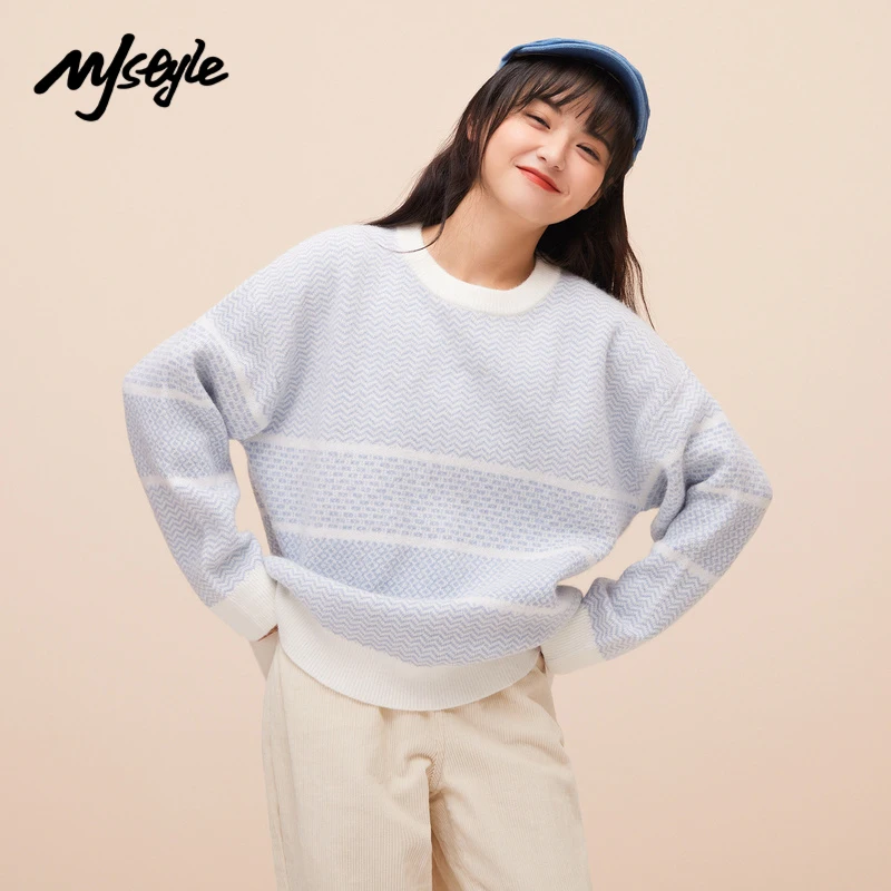 

MJstyle 2021 зимний женский винтажный Повседневный Полосатый синий пуловер с круглым вырезом Корейская уличная мода 821190061