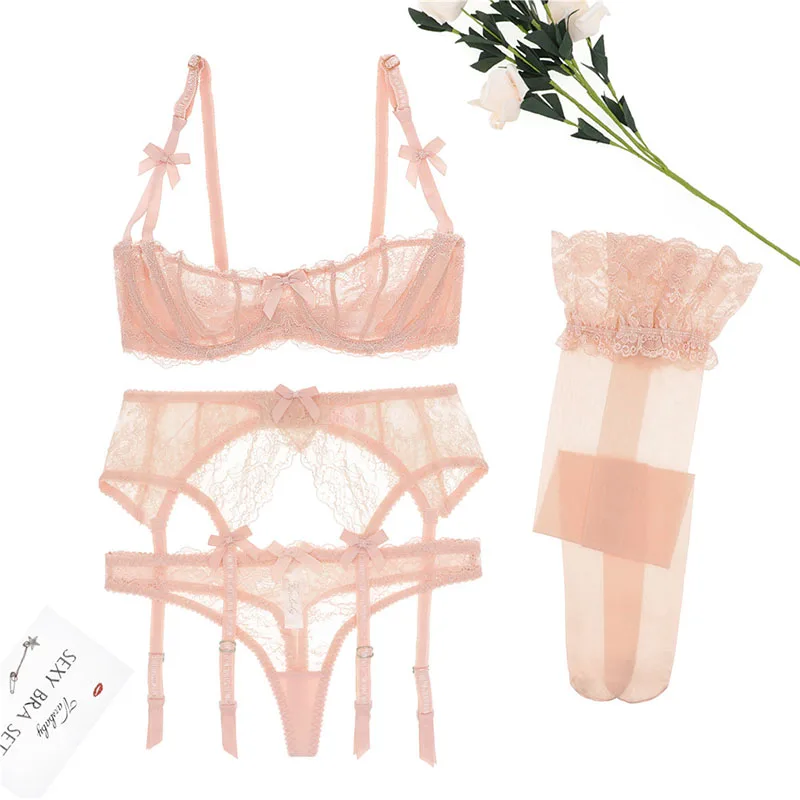 Varsbaby new arrival sexy lace transparent unlined 1/2 cup underwear set bra+thongs+garters+stockings 4 pcs