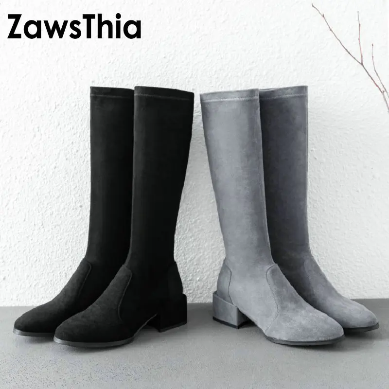 Женские Дизайнерские Сапоги ZawsThia серые черные сапоги до колена на высоком