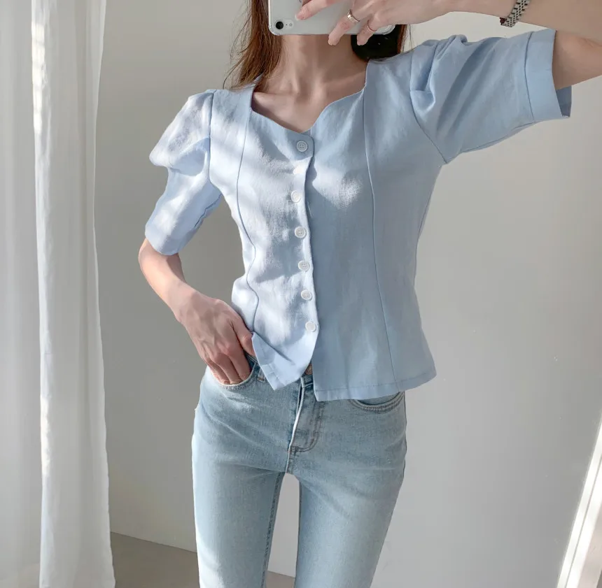 

Korean Chic Temperament Square Collar Vintage Court Style Western Style Youthful-Looking Slimming and Short Square Collar Shirt