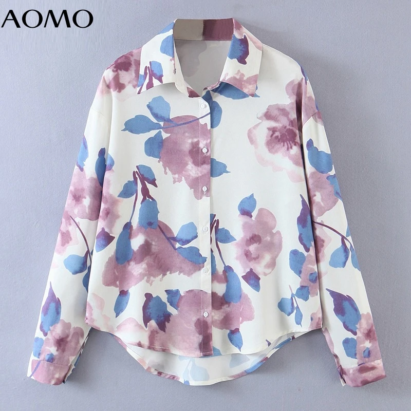 

AOMO Women Ink Flowers Print Shirts Long Sleeve Turn Down Collar Elegant Office Ladies Work Blouses SL506A