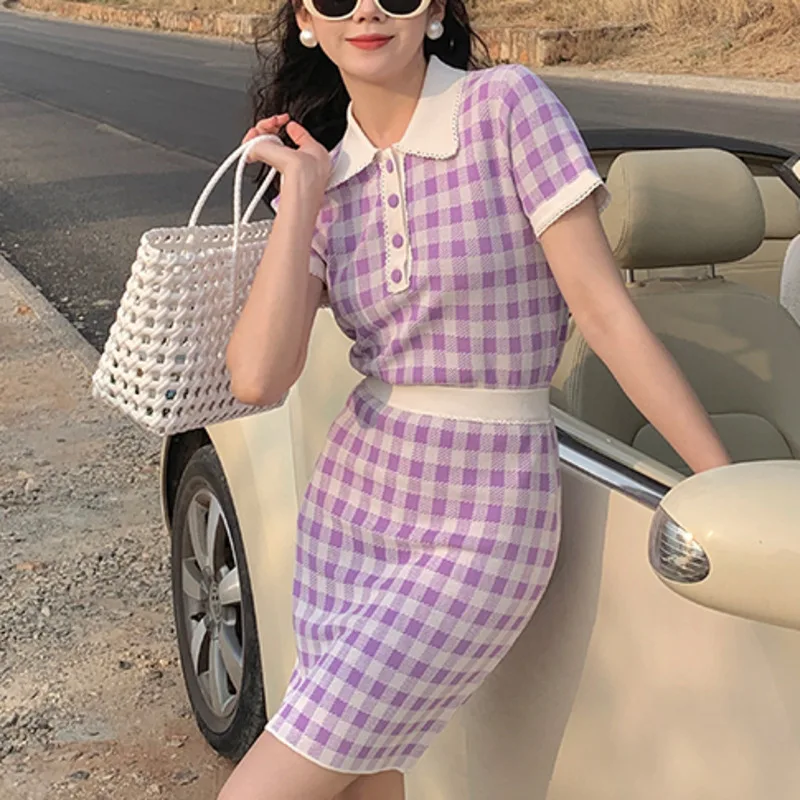 

Korean Cute Sweet Plaid Knitted 2 Piece Set Women Short Sweater Pullover Mini Skirts Sets Suits Ensemble Femme Two Piece Outfits