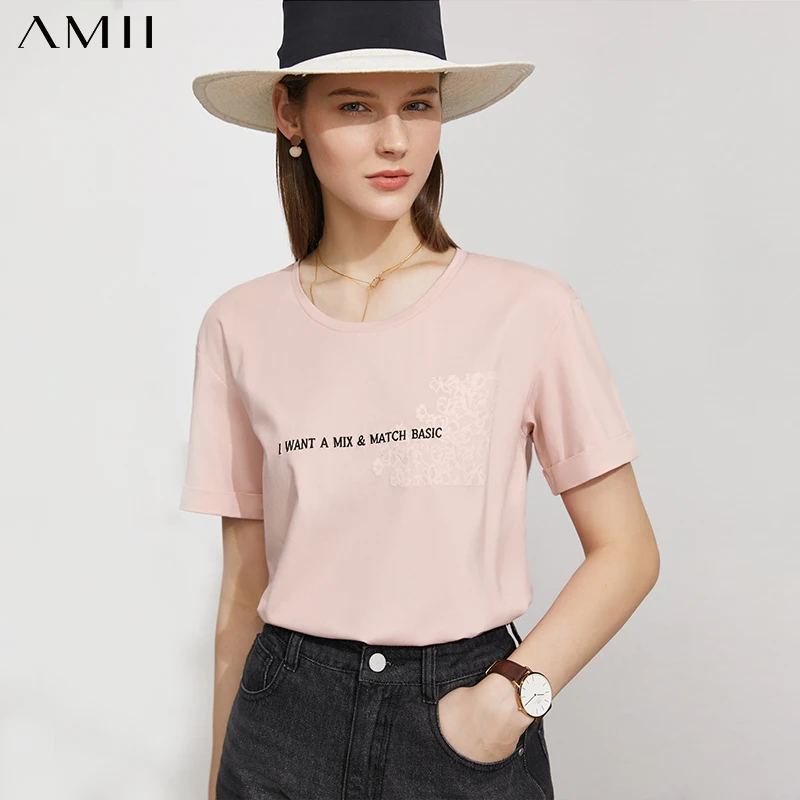 

Футболка Amii женская с круглым вырезом, минимализм, Модная хлопковая уличная одежда с трехмерной вышивкой, топ, лето 12120214