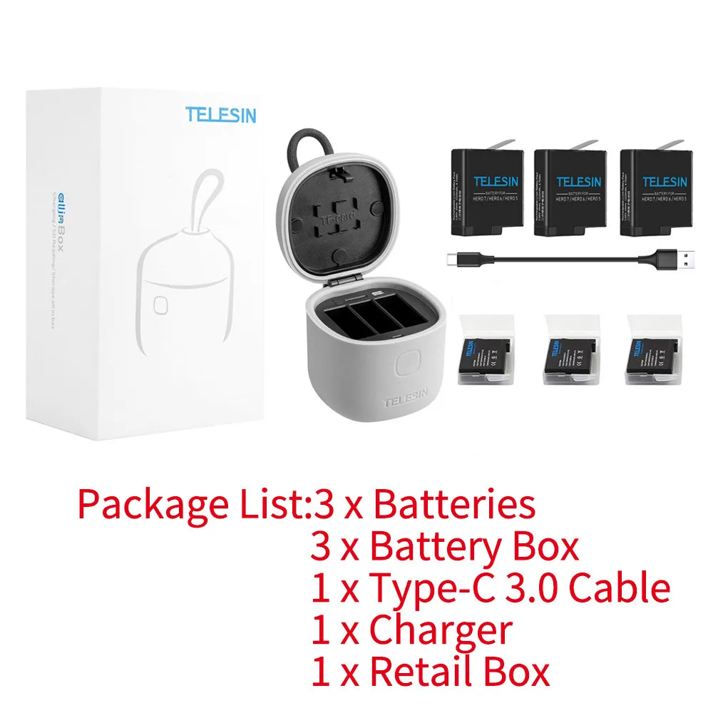 3 Battery TELESIN 3 шт аккумулятор 3 слота зарядное устройство набор TF кард-ридер зарядная коробка для хранения для Gopro Hero 8 7 Black Hero 6 Hero 5 - Цвет: 3 Battery