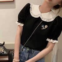 korea style short sleeve kawaii black blouse and tops women casual floral embroidery shirts female y2k crop top 2022 summer chic