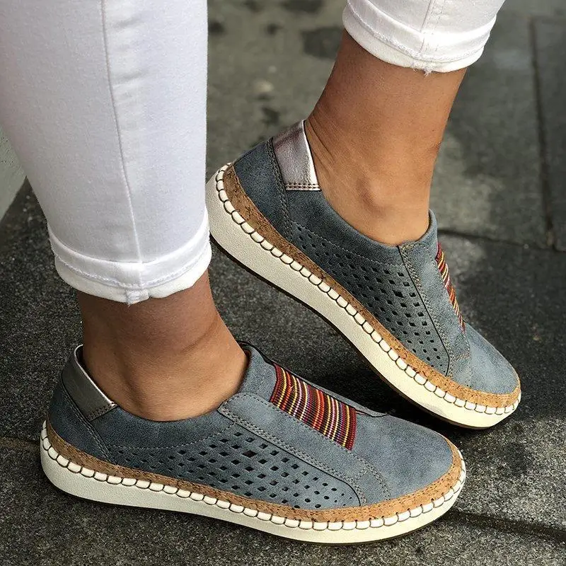 Women Flats Hollow Out Female Casual Sneakers Striped Elastic Band Slip on Shoes Woman Breathable Flat Shoe Big Size EU43 DX0805