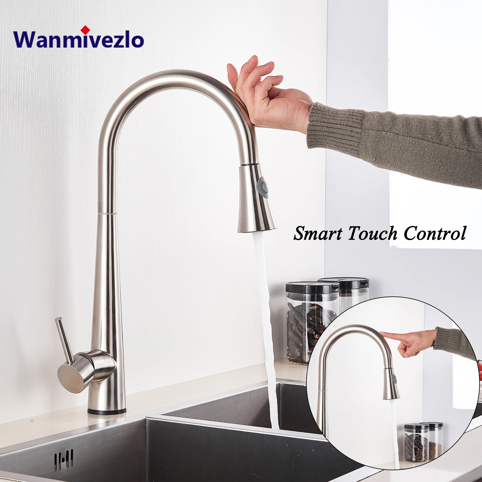Никелевый чувствительный смеситель для кухни с сенсорным управлением