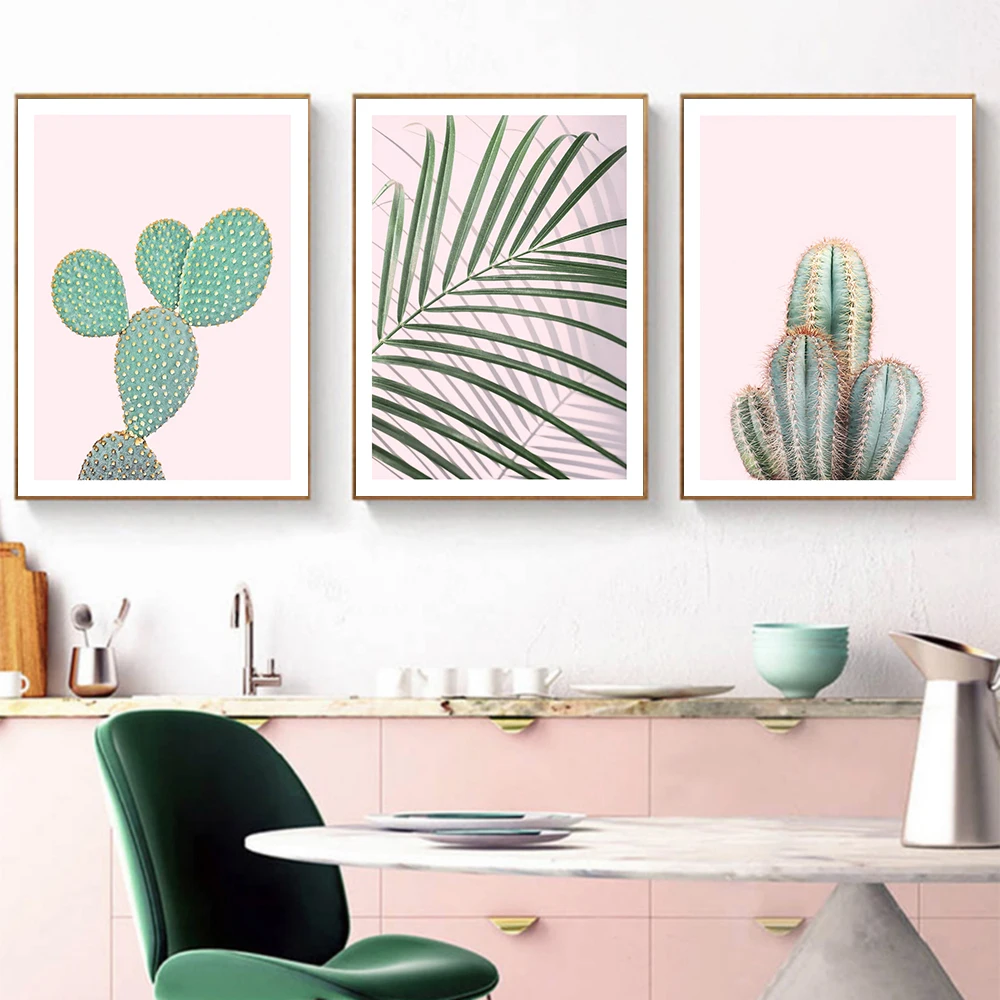 Scandinavian Style Plants Cactus Poster Pink Style Palm Leaf Decor Picture Modern Wall Art Paintings for Living Room Home Decor