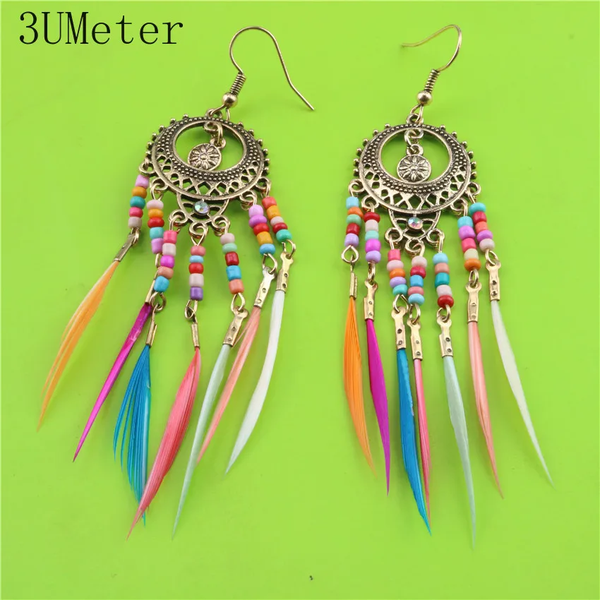 Женские богемные серьги с перьями 3 метра 2019 овальные разноцветные рисовые