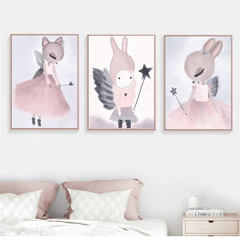 Картина на холсте скандинавский домашний декор кролик девочка принт с животными