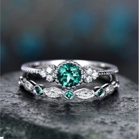 vintage bluegreen color halo 925 sterling silver wedding ring set for women lady anniversary gift jewelry bulk sell