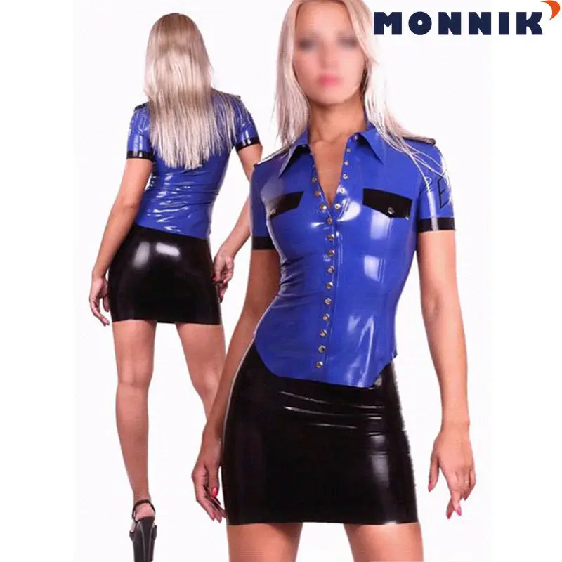 

MONNIK latexSexy Latex Rubber Women Shirt snd Skirts Sets Fashion Party Uniform Gummi 0.4mm