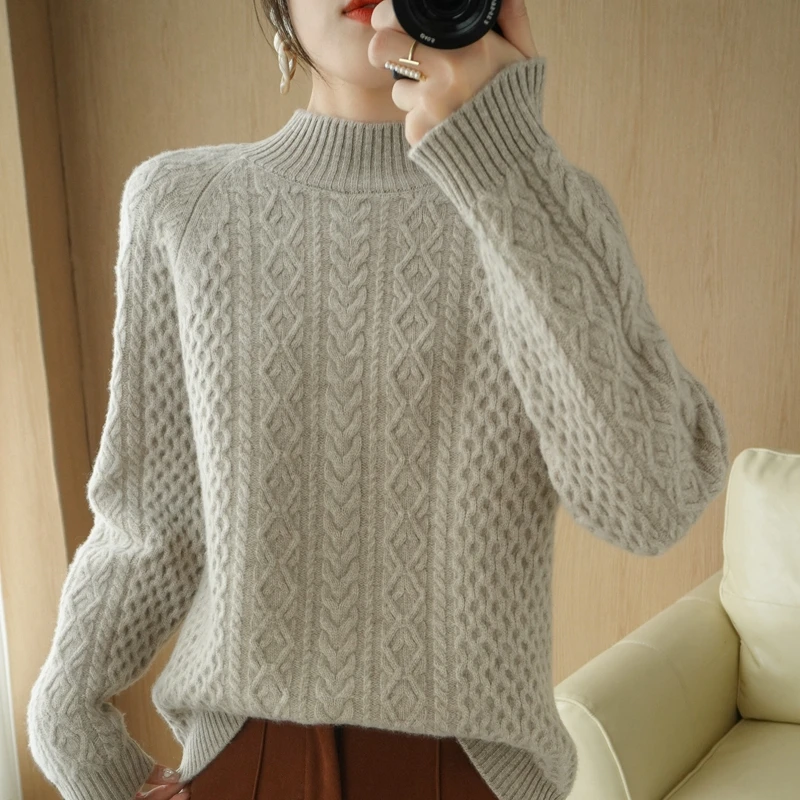 2021 Autumn and Winter New 100% Pure Wool Women's Turtleneck Sweater Loose Padded Ladies Pullover Knitted Warm Top Foreign Style