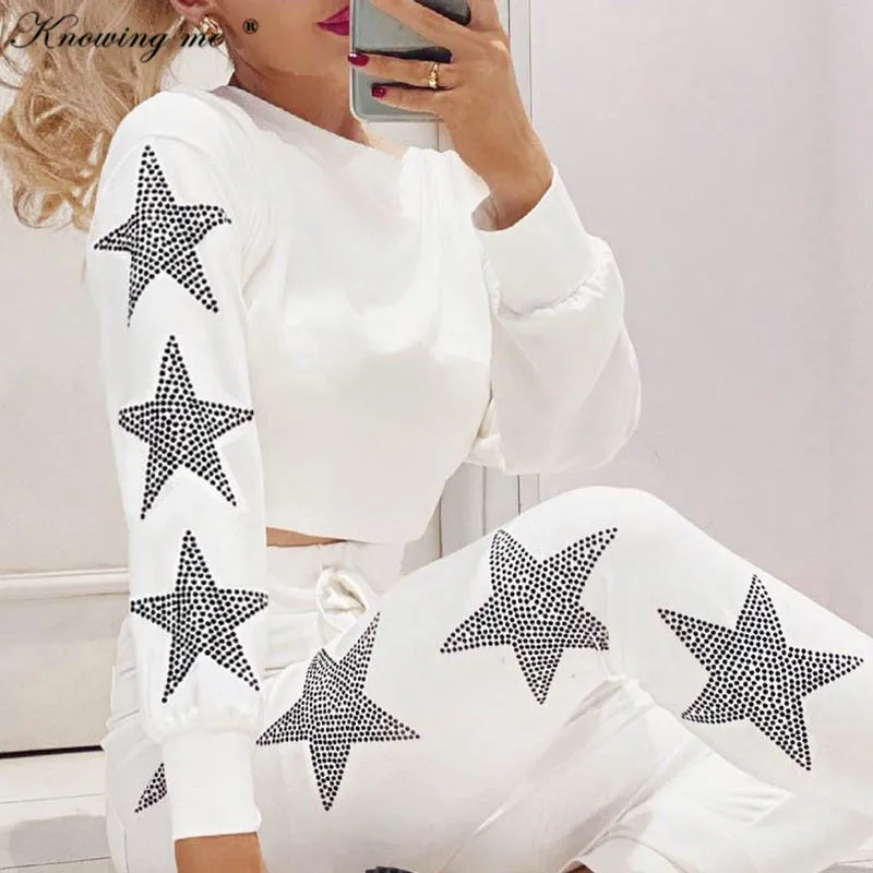 

Женский спортивный костюм со стразами и звездами, укороченный топ и длинные брюки, комплект из двух предметов, Женский Осенний Повседневный...